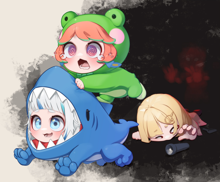 1other 3girls @_@ absurdres all_fours animal_costume appleblossomtea blonde_hair blue_eyes blue_hair blunt_bangs chibi commentary crying crying_with_eyes_open english_commentary frog_costume gawr_gura ghost grey_hair highres hololive hololive_english multicolored_hair multiple_girls onesie open_mouth orange_hair scared shark_costume sharp_teeth smile streaked_hair takanashi_kiara tears teeth virtual_youtuber watson_amelia