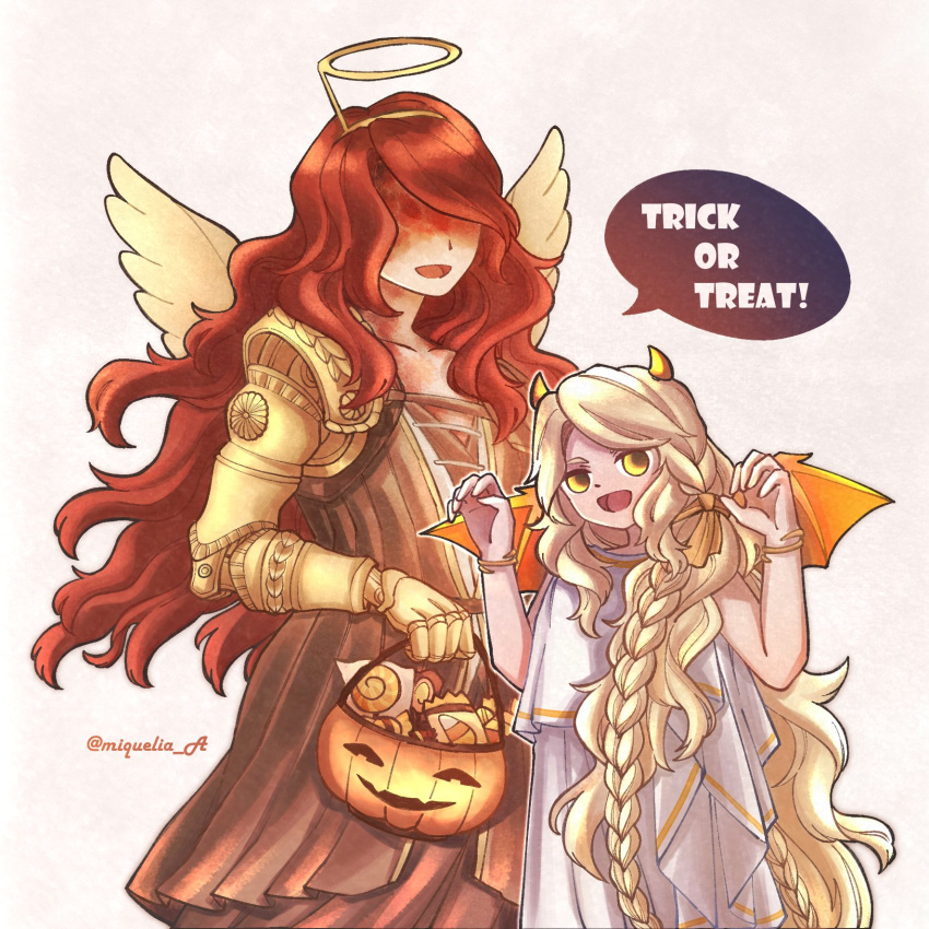 1boy 1girl angel_wings artist_name blonde_hair bow bowtie bracelet braid brother_and_sister candy demon_wings dot_nose dress elden_ring english_text fake_halo fake_horns fake_wings food halloween_costume halo highres horns jack-o'-lantern jewelry long_hair malenia_blade_of_miquella miqueliafantasia miquella_(elden_ring) open_mouth prosthesis prosthetic_arm redhead siblings simple_background speech_bubble swept_bangs twitter_username white_background white_dress wings yellow_bow yellow_bowtie yellow_eyes