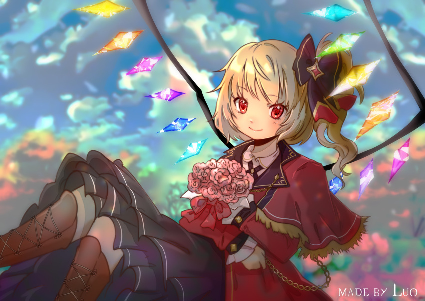 1girl absurdres alternate_costume black_skirt blonde_hair bouquet brown_footwear capelet chain closed_mouth clouds commentary crystal english_commentary flandre_scarlet flower frilled_skirt frills highres holding holding_bouquet looking_at_viewer luo_qiangwei medium_hair one_side_up outdoors pink_flower red_capelet red_eyes signature skirt smile solo touhou wings