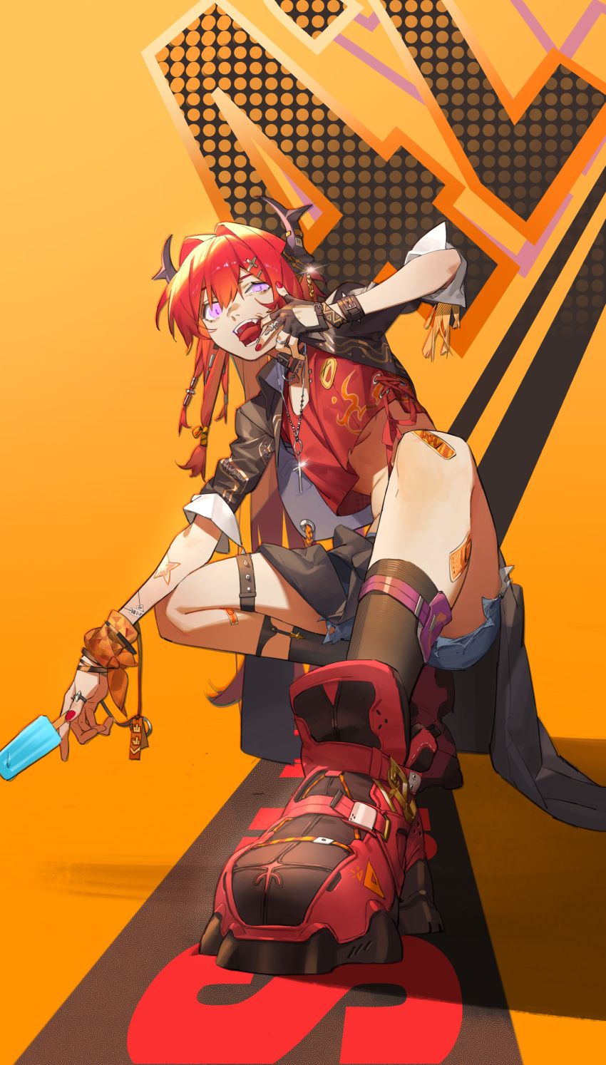 1girl absurdres arknights black_gloves food gloves hair_between_eyes hair_ornament highres horns ice_cream jewelry long_hair necklace red_nails red_shirt redhead ring shirt shorts single_glove surtr_(arknights) thigh_strap tongue tongue_out violet_eyes wushier