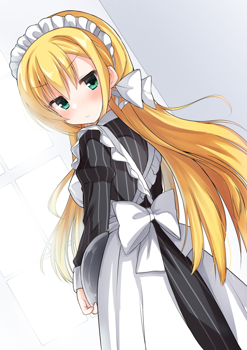 1girl alternate_costume apron back_bow black_dress blonde_hair blush bow commentary cowboy_shot dress enmaided floating_hair frilled_apron frills frown green_eyes hair_between_eyes hair_bow highres holding holding_tray jitome juliet_sleeves kanemoto_akari long_hair long_sleeves looking_at_viewer looking_back maid maid_apron maid_headdress noble_works puffy_sleeves shy simple_background solo standing straight_hair striped striped_dress takepoison tray v-shaped_eyebrows vertical-striped_dress vertical_stripes very_long_hair white_apron white_background white_bow window