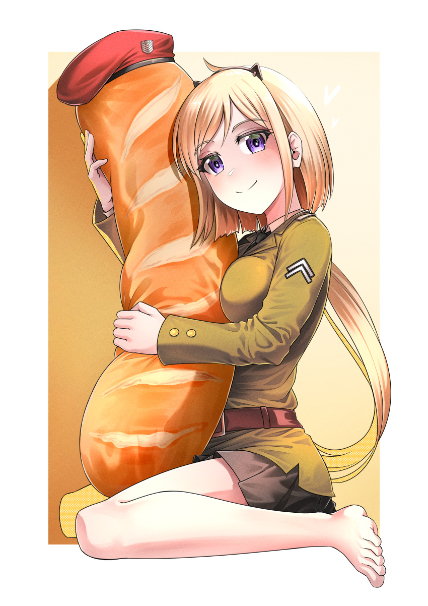 1girl absurdres ahoge animal_ears baguette barefoot beret black_hairband black_necktie black_skirt blonde_hair blush border bread breasts cat_ears closed_mouth commentary commission english_commentary feet food food-themed_pillow full_body girls_frontline gradient_background green_jacket griffin_&amp;_kryuger hairband hat heart highres holding holding_pillow jacket kneeling large_breasts long_hair long_sleeves looking_at_viewer m3_(girls'_frontline) military_uniform necktie pillow pixiv_commission pleated_skirt red_headwear senpaihawkkun shirt simple_background sitting skirt smile solo toes uniform very_long_hair violet_eyes wariza white_border white_shirt yellow_background
