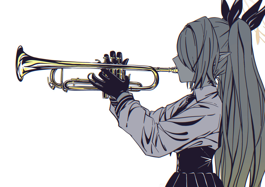 1girl absurdres black_gloves black_necktie black_ribbon blue_archive collared_shirt commentary_request covered_eyes from_side gloves grey_hair hair_ribbon halo high-waist_skirt highres holding holding_instrument holding_trumpet instrument iori_(blue_archive) long_hair long_sleeves music necktie playing_instrument pointy_ears profile ribbon shirt simple_background skirt solo trumpet twintails upper_body w_wakase white_background