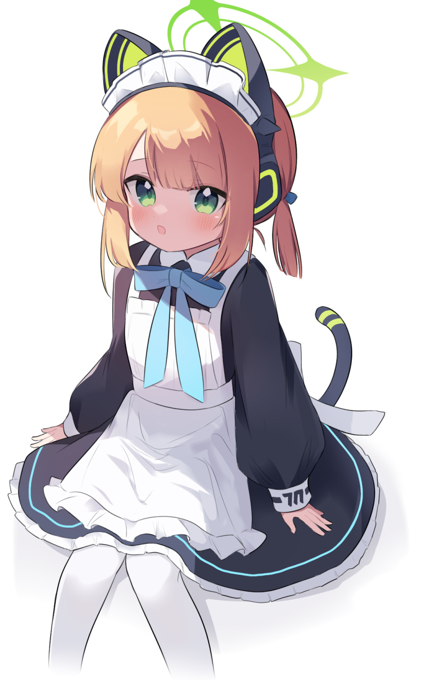 1girl animal_ear_headphones animal_ears apron black_dress blonde_hair blue_archive blue_bow blue_bowtie blush bow bowtie collared_dress commentary commission cropped_legs dress fake_animal_ears fake_tail frilled_dress frills green_eyes green_halo halo headphones highres invisible_chair long_sleeves looking_at_viewer low_ponytail maid_apron maid_headdress midori_(blue_archive) midori_(maid)_(blue_archive) open_mouth pantyhose parted_bangs puffy_long_sleeves puffy_sleeves short_ponytail sidelocks simple_background sitting skeb_commission tail white_apron white_background white_pantyhose yuketsu