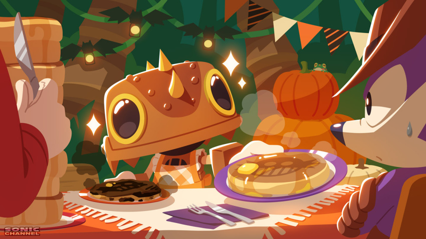 1girl 2boys apron brown_gloves burnt_food cowboy_hat dr._eggman fang_the_sniper food fork froggy_(sonic) gloves halloween hat helmet holding holding_knife holding_plate knife looking_at_another multiple_boys official_art pancake pancake_stack plate sonic_(series) sonic_superstars sparkle sweat trip_the_sungazer uno_yuuji white_gloves