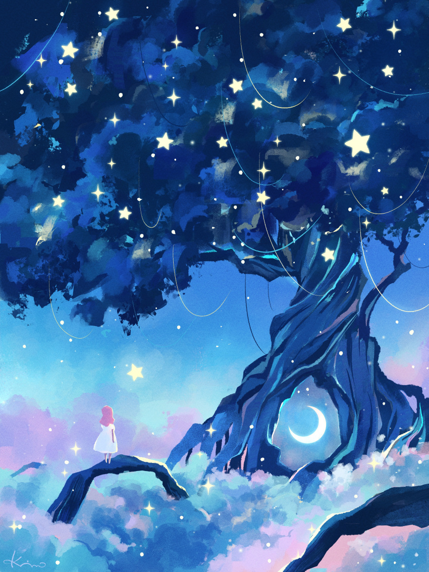 1girl above_clouds absurdres artist_name clouds commentary_request crescent_moon dress facing_away from_behind highres long_hair moon night original pink_hair plant roots short_sleeves signature solo sparkle standing star_(sky) star_(symbol) tree vines white_dress wide_shot yuzuki_kino