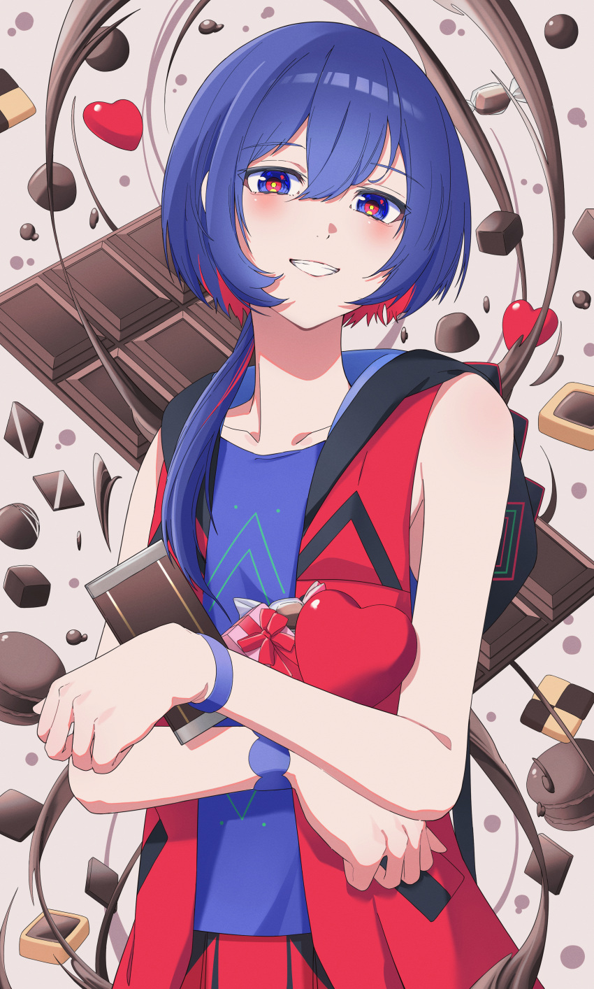 1girl absurdres blue_eyes blue_hair blue_shirt blush bracelet candy chocolate chocolate_bar collarbone colored_inner_hair commentary_request daradara_art food food_request gift grin hair_over_shoulder half-closed_eyes highres holding holding_candy holding_food hood hood_down hooded_jacket jacket jewelry kamitsubaki_studio long_hair looking_at_viewer low_ponytail macaron multicolored_eyes multicolored_hair open_clothes open_jacket red_eyes red_skirt redhead rim_(kamitsubaki_studio) shirt skirt sleeveless sleeveless_jacket sleeveless_shirt smile solo upper_body virtual_youtuber yellow_pupils