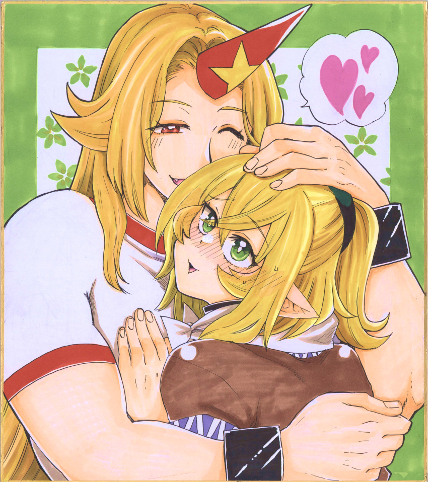2girls absurdres blonde_hair blush bow bowtie bright_pupils brown_shirt commentary_request cuffs fang fingernails green_background green_eyes half-closed_eyes hand_on_another's_chest hand_on_another's_head heart highres horns hoshiguma_yuugi hug long_hair looking_at_another matsuri_kyuuta mizuhashi_parsee multiple_girls one_eye_closed open_mouth parted_bangs pointy_ears red_eyes red_horns shackles shared_speech_bubble shirt short_hair short_ponytail short_sleeves single_horn smile speech_bubble spoken_heart star_(symbol) t-shirt touhou traditional_media upper_body white_bow white_bowtie white_pupils white_shirt yuri