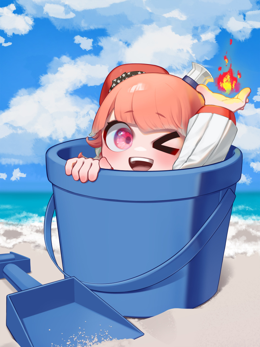 &gt;_o 1girl ;d absurdres appleblossomtea beach beret blue_sky blush bucket chibi clouds commentary day english_commentary fire hat highres hololive hololive_english long_sleeves looking_at_viewer magic mini_chef_hat multicolored_hair multiple_hats ocean one_eye_closed open_mouth orange_hair orange_headwear outdoors pyrokinesis red_eyes sky smile solo takanashi_kiara takanashi_kiara_(1st_costume) teeth upper_teeth_only virtual_youtuber water