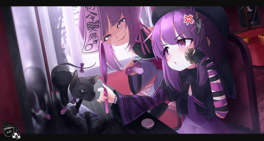 2girls absurdres anger_vein animal arm_ribbon beret black_headwear black_jacket black_ribbon bow cat clothed_animal collared_shirt dress evil_smile fallenshadow hair_ribbon hand_mirror hat highres indie_virtual_youtuber jacket knife_hair_ornament mars_symbol mirror multiple_girls necktie ofuda on_chair pacifier pentagram purple_bow purple_dress purple_hair purple_necktie purple_ribbon reflection ribbon shirt single_sleeve smile suit tail tail_bow tail_ornament tea_party_biscuits violet_eyes white_shirt window
