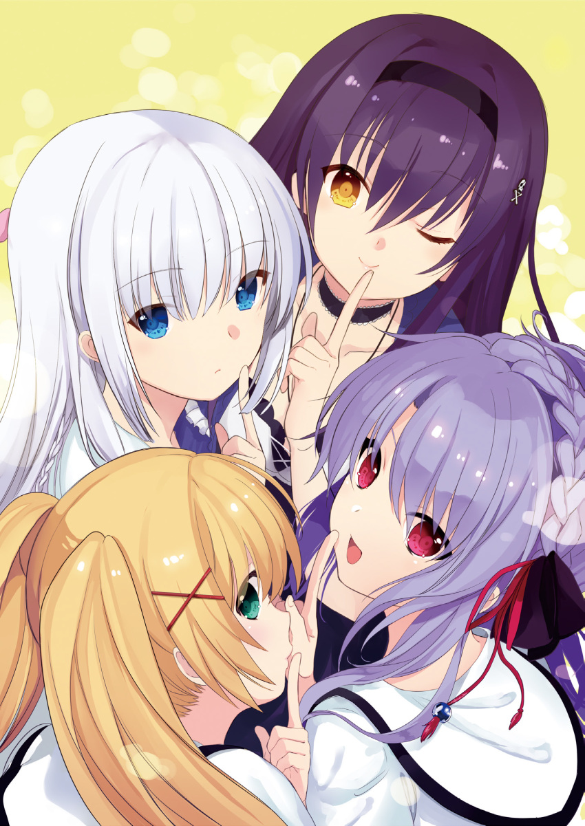 4girls :d ;) animal_print asami_yuriko black_bow black_hair black_hairband blonde_hair blue_eyes blue_hair blunt_ends bone_hair_ornament bow braid butterfly_print closed_mouth commentary crown_braid eyelashes eyes_visible_through_hair finger_to_mouth from_above frown green_eyes hair_between_eyes hair_bow hair_ornament hairband hand_up highres index_finger_raised kushima_kamome lips long_hair looking_at_viewer looking_back multiple_girls naruse_shiroha non-web_source one_eye_closed open_mouth profile puffy_short_sleeves puffy_sleeves red_eyes red_tassel sailor_collar school_uniform shirt short_sleeves sidelocks sideways_glance simple_background skull_and_crossbones skull_hair_ornament smile sorakado_ao summer_pockets tassel tassel_hair_ornament tsumugi_wenders tsurime twintails white_hair white_sailor_collar white_shirt x_hair_ornament yellow_background yellow_eyes