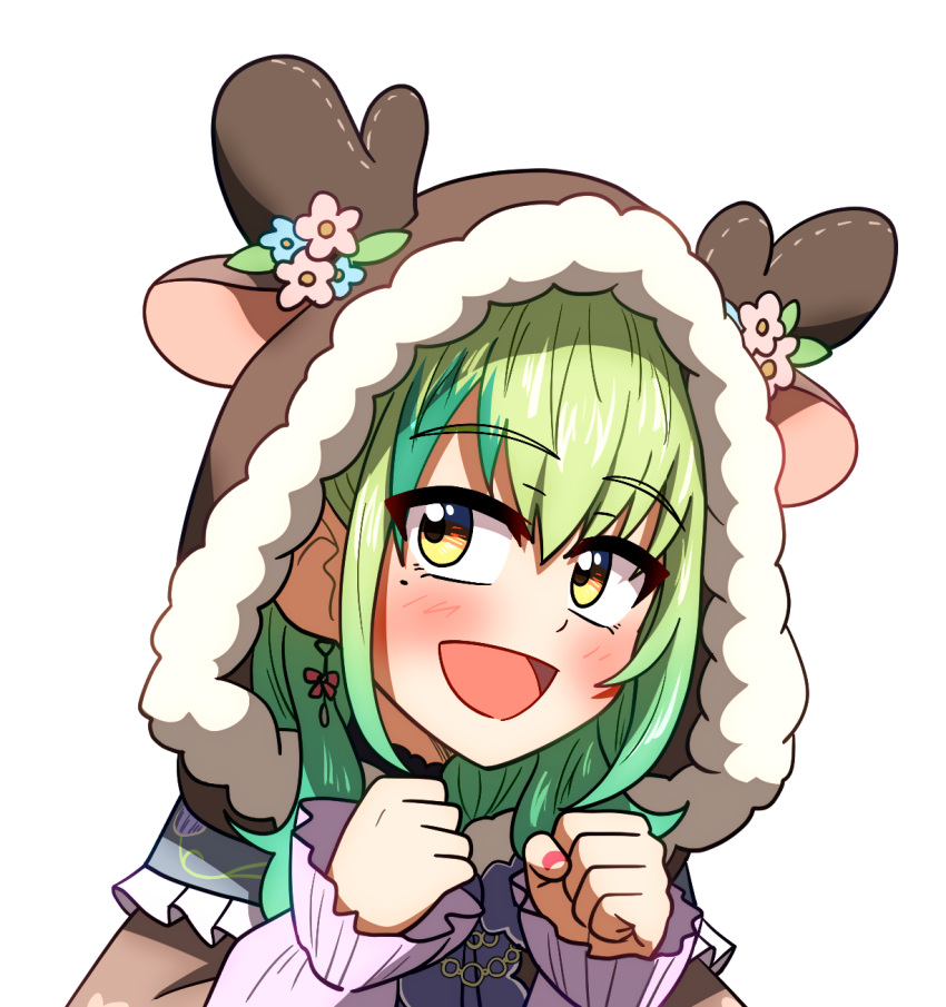 1girl :d blush bow bow_earrings brown_capelet capelet ceres_fauna ceres_fauna_(jirai_kei) clenched_hand commentary ddolbang deer_hood earrings english_commentary green_hair highres hololive hololive_english hood hooded_capelet jewelry long_hair mole mole_under_eye multicolored_hair official_alternate_costume open_mouth shirt simple_background smile streaked_hair upper_body virtual_youtuber white_background white_shirt yellow_eyes