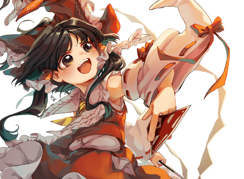1girl ascot bad_anatomy bare_shoulders blush bow brown_eyes brown_hair detached_sleeves hair_bow hair_tubes hakurei_reimu highres japanese_clothes long_hair matsukuzu nontraditional_miko ofuda open_mouth red_bow red_skirt ribbon-trimmed_sleeves ribbon_trim sidelocks simple_background skirt smile solo touhou upper_body white_background white_sleeves wide_sleeves yellow_ascot