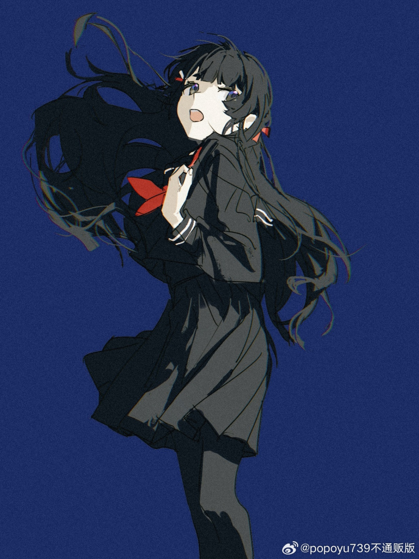 1girl black_eyes black_hair black_pantyhose black_sailor_collar black_serafuku black_skirt blue_background commentary feet_out_of_frame floating_hair from_side hair_ornament hairclip hand_on_own_chest hand_up highres long_hair long_sleeves looking_at_viewer looking_to_the_side neckerchief nijisanji open_mouth pantyhose pleated_skirt popoyu red_neckerchief sailor_collar school_uniform serafuku simple_background skirt solo standing tsukino_mito virtual_youtuber weibo_logo weibo_username