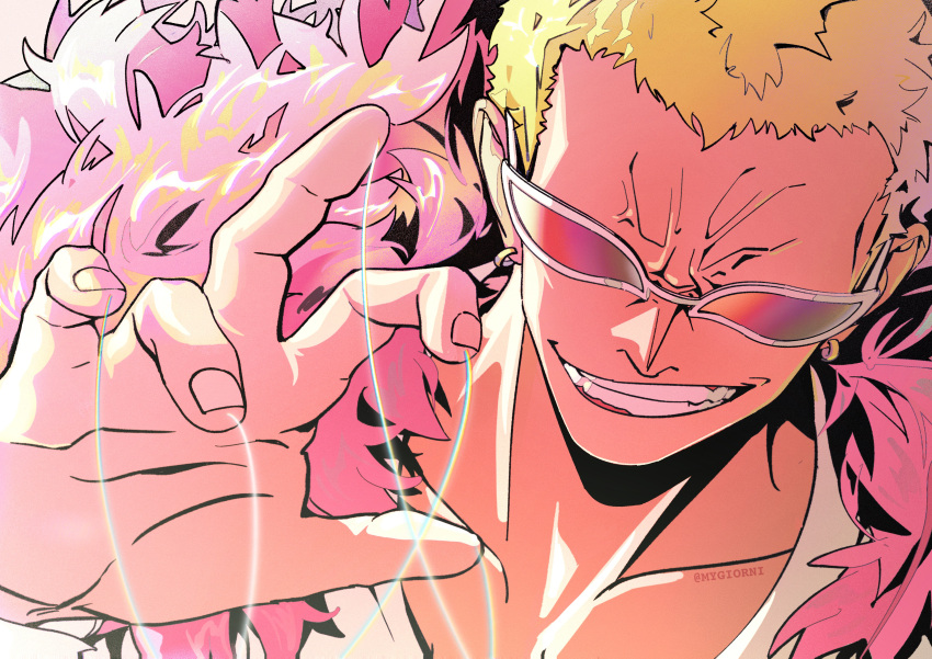 1boy absurdres artist_name blonde_hair coat collarbone commentary donquixote_doflamingo earrings evil_smile feather_coat highres jewelry male_focus mygiorni one_piece short_hair smile solo string sunglasses teeth white-framed_eyewear