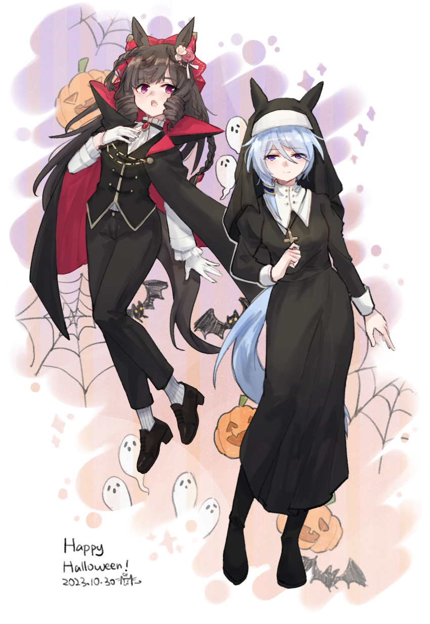 2girls absurdres alternate_costume animal_ears black_hair blue_eyes blue_hair bow breasts cape closed_mouth cross daiichi_ruby_(umamusume) full_body ghost gloves hair_bow hair_ornament highres horse_ears horse_tail jack-o'-lantern k.s.miracle_(umamusume) long_hair looking_at_viewer multiple_girls nun open_mouth saramiao-chan small_breasts smile tail umamusume vampire_costume violet_eyes