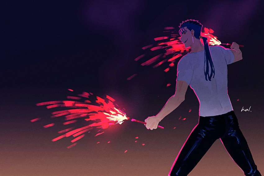 1boy adam's_apple cu_chulainn_(fate) earrings embers fate/stay_night fate_(series) feet_out_of_frame from_side hal_(haaaalhal) holding_fireworks jewelry long_hair male_focus ponytail red_eyes shirt short_sleeves solo teeth toned toned_male upper_teeth_only white_shirt