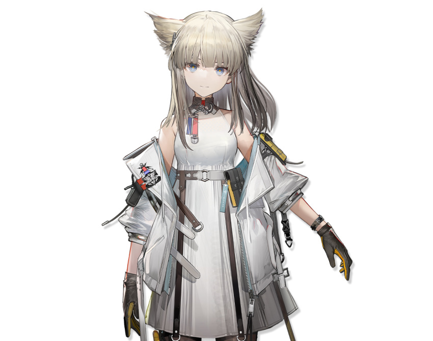 1girl animal_ears arknights arknights:_endfield black_gloves blue_eyes character_name closed_mouth copyright_name cowboy_shot dress gloves high_belt jacket light_brown_hair looking_at_viewer off_shoulder official_art perlica_(arknights) pouch simple_background sleeveless sleeveless_dress solo tachi-e transparent_background white_jacket