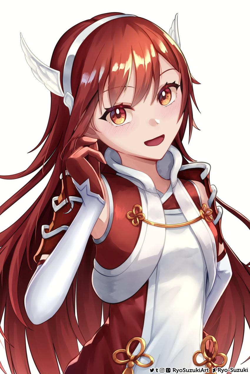1girl absurdres breasts caeldori_(fire_emblem) detached_sleeves fire_emblem fire_emblem_fates gloves hairband highres looking_at_viewer open_mouth red_eyes red_gloves ryo-suzuki shoulder_pads small_breasts smile solo upper_body white_background wing_hair_ornament