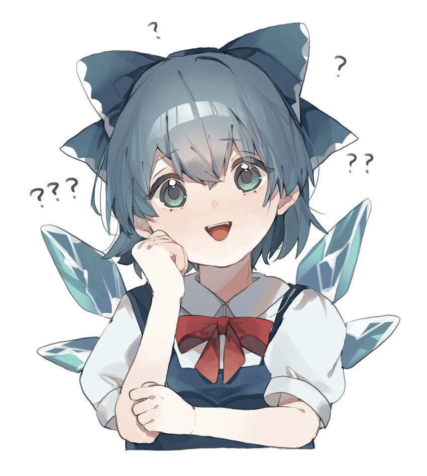 1girl ? blue_bow blue_dress blue_eyes blue_hair bow bowtie cirno dress gominami hair_bow highres ice ice_wings large_bow red_bow red_bowtie shirt smile solo touhou white_background white_shirt wings