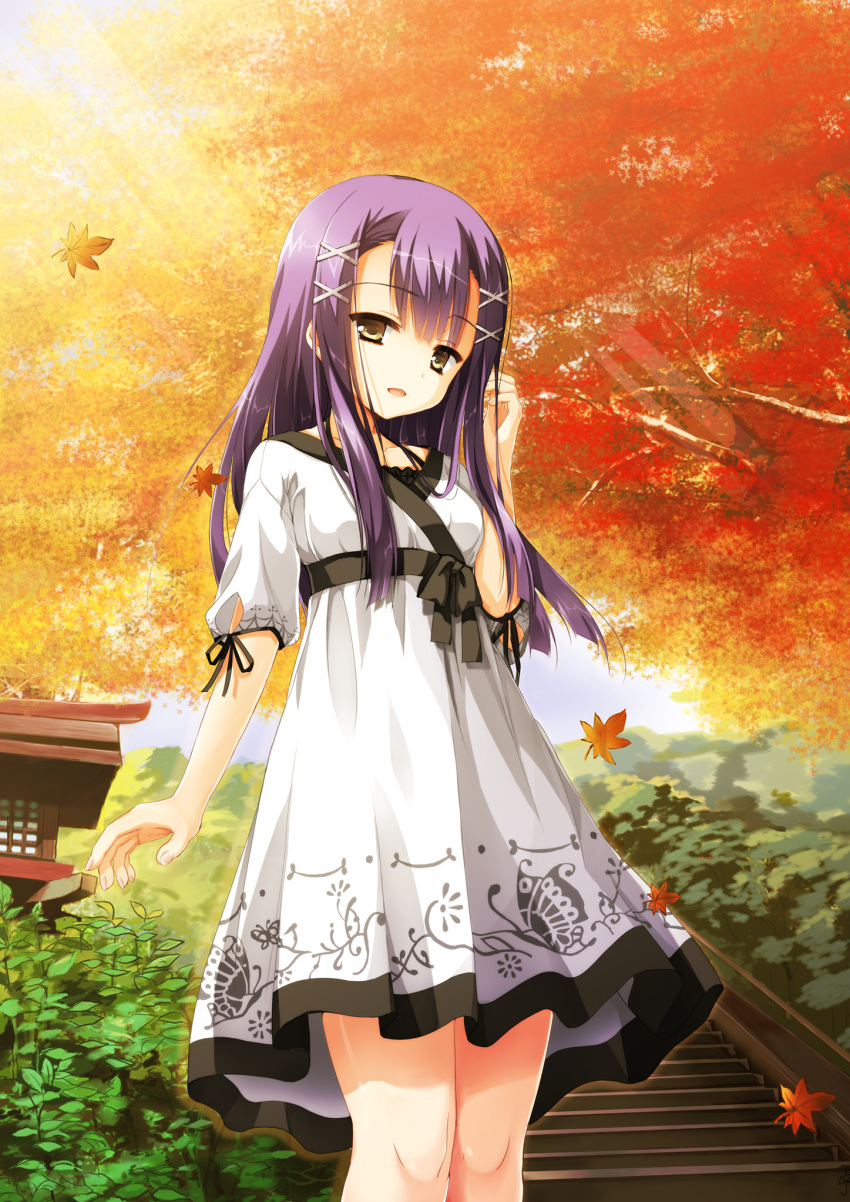 1girl arm_at_side autumn autumn_leaves blunt_bangs blunt_ends center-flap_bangs chaamii commentary_request cowboy_shot day dress empty_x_embryo falling_leaves hair_ornament hand_up highres himukai_momiji leaf long_hair looking_at_viewer maple_leaf open_mouth outdoors puffy_short_sleeves puffy_sleeves purple_hair short_dress short_sleeves shrine sidelocks smile solo stairs standing straight_hair sunlight white_dress x_hair_ornament yellow_eyes