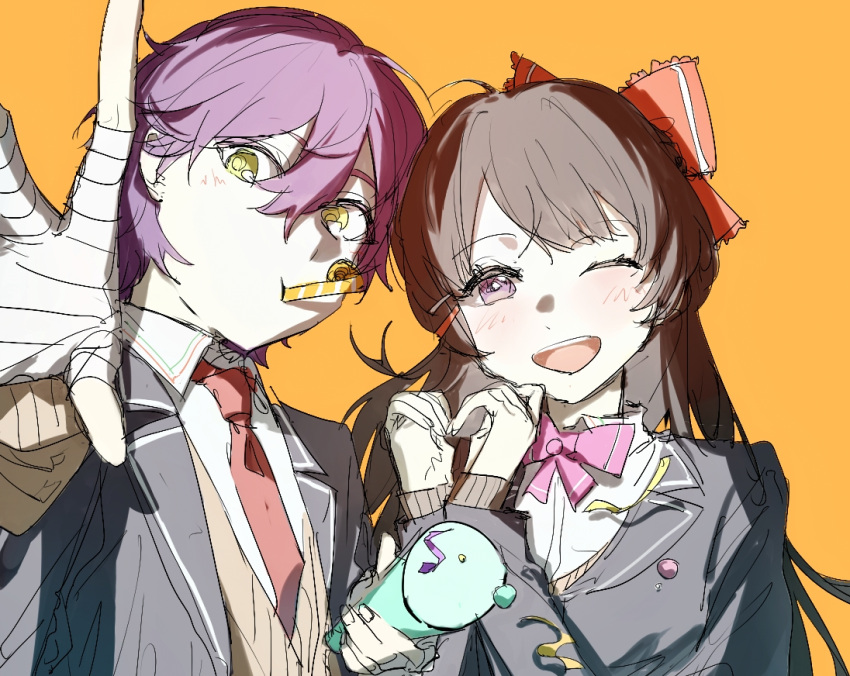 1boy 1girl bandaged_hand bandages blazer blush bow bowtie collared_shirt commentary_request confetti hair_bow heart heart_hands holding_party_popper jacket kenmochi_touya kenmochi_touya_(1st_costume) light_blush long_hair looking_at_viewer mouth_hold necktie nijisanji one_eye_closed orange_background party_horn pink_bow pink_bowtie popoyu purple_hair reaching reaching_towards_viewer red_bow red_necktie school_uniform shirt short_hair side-by-side simple_background sketch smile tsukino_mito tsukino_mito_(1st_costume) upper_body violet_eyes virtual_youtuber white_shirt yellow_eyes