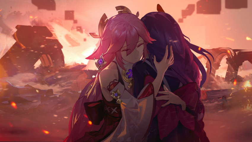 2girls bare_shoulders braid brooch burning chinese_commentary closed_eyes commentary_request detached_sleeves fire flower_brooch genshin_impact hair_ornament highres hug japanese_clothes jewelry kimono long_hair multiple_girls nontraditional_miko obi pink_hair purple_hair purple_kimono raiden_shogun red_sky ruins sash shirt single_braid sky sleeveless sleeveless_shirt spoilers sunset very_long_hair white_shirt wide_sleeves yae_miko zhehewofu_huayou_shemeguanx