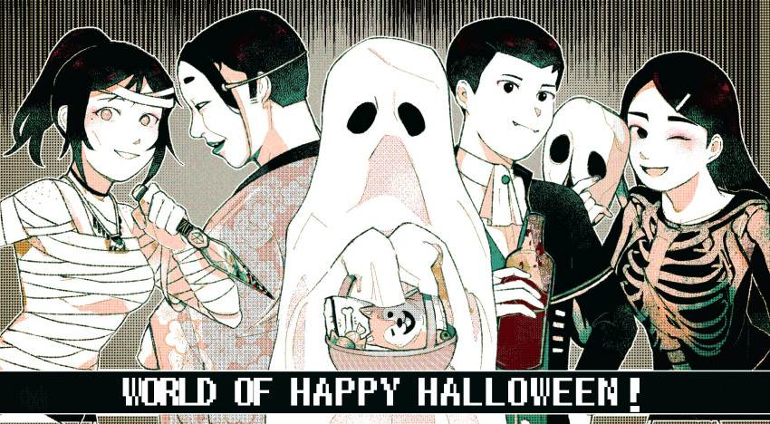 2boys 3girls :d aiko_takahashi ascot bag bandages basket black_hair blood blood_on_weapon body_freckles bottle breasts candy disembodied_eye dog floral_print food freckles ghost_costume hair_ornament hairclip halloween halloween_costume happy_halloween haru_(world_of_horror) highres holding holding_weapon japanese_clothes jewelry kimono kirie_minami knife kouji_tagawa long_hair looking_at_viewer mizuki_hamasaki mole mole_under_eye multiple_boys multiple_girls necklace no_pupils one_eye_closed ponytail skeleton_print smile sunken_cheeks under_boob vampire_costume weapon world_of_horror xqxbi