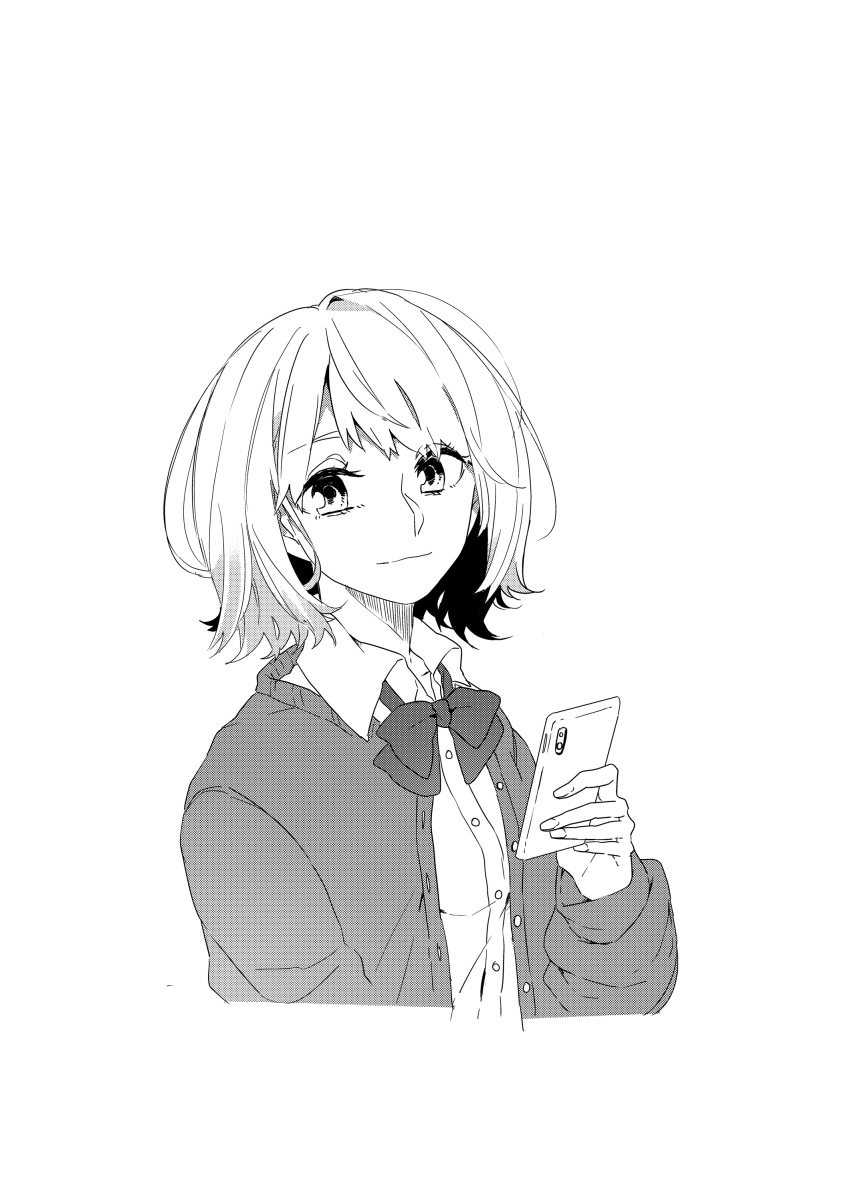 1girl absurdres bow bowtie cardigan cellphone closed_mouth collared_shirt commentary cropped_torso dress_shirt greyscale highres holding holding_phone honda_sora kashikaze lonely_girl_ni_sakaraenai long_sleeves looking_at_viewer monochrome open_cardigan open_clothes phone school_uniform screentones shirt short_hair smartphone solo upper_body