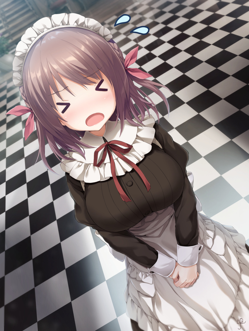 &gt;_&lt; 1girl alternate_costume aoi_tori_(purple_software) apron black_dress blush braid breasts brown_hair chaamii checkered_floor collar commentary_request cowboy_shot dress embarrassed enmaided eyelashes eyes_visible_through_hair facing_viewer flying_sweatdrops foreshortening frilled_apron frilled_collar frills frown hair_between_eyes hair_ribbon highres impossible_clothes indoors juliet_sleeves large_breasts long_sleeves maid maid_apron medium_hair neck_ribbon nose_blush open_mouth own_hands_together puffy_sleeves red_ribbon ribbon side_braids signature solo standing two_side_up umino_akari v_arms white_apron white_collar