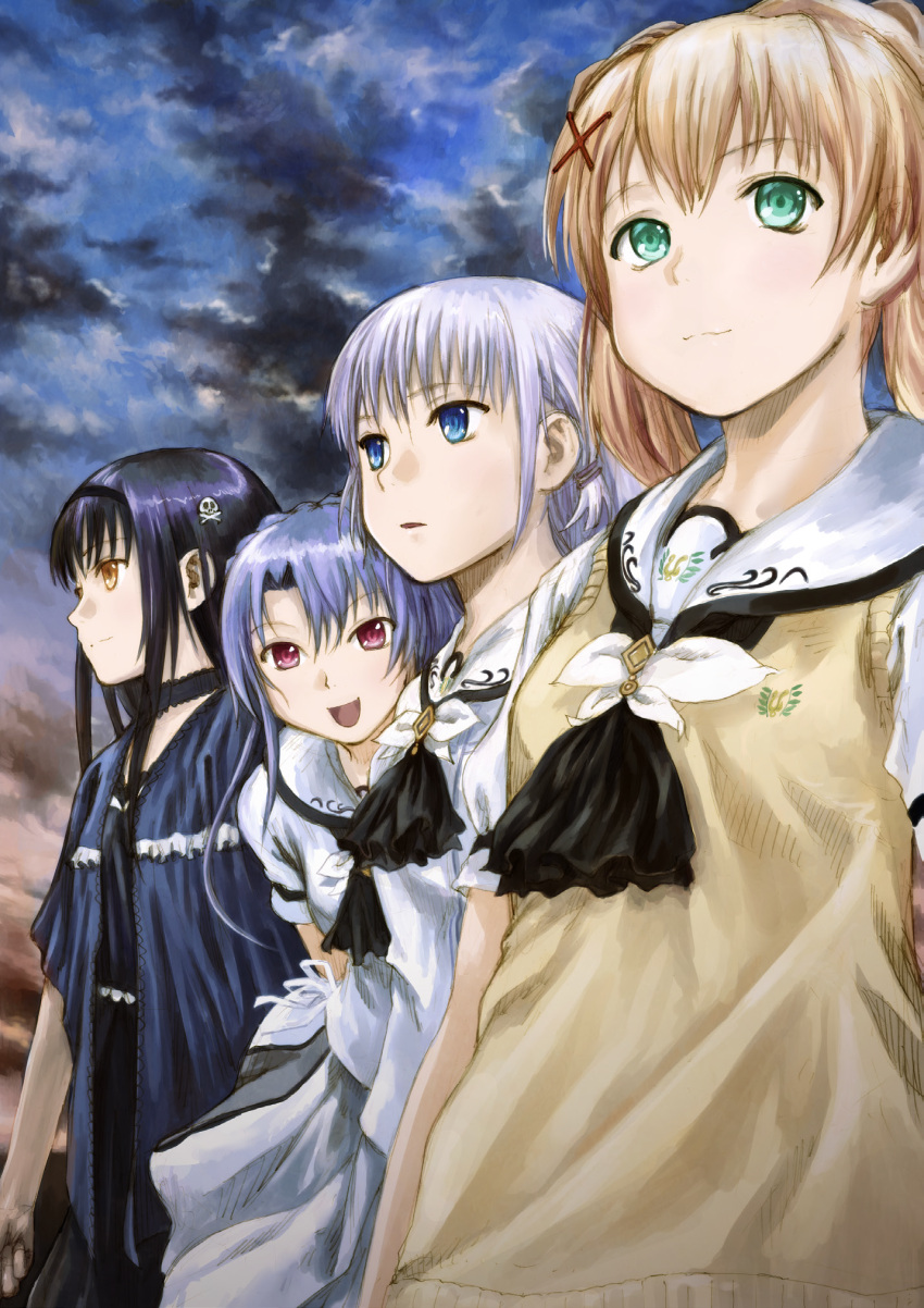 4girls :d abe_yoshitoshi arm_at_side ascot black_ascot black_choker black_hair black_hairband black_shirt black_skirt blonde_hair blue_capelet blue_eyes bone_hair_ornament braid capelet choker closed_mouth clouds cloudy_sky crown_braid dusk frilled_capelet frilled_choker frills green_eyes hair_between_eyes hair_intakes hair_ornament hairband highres kushima_kamome long_hair looking_afar looking_at_viewer multiple_girls naruse_shiroha non-web_source nose open_mouth outdoors parted_lips profile red_eyes ribbon sailor_collar school_uniform shirt skirt skull_and_crossbones skull_hair_ornament sky smile sorakado_ao straight_hair summer_pockets sweater_vest tareme tsumugi_wenders twintails upper_body white_hair white_ribbon white_sailor_collar white_shirt white_skirt x_hair_ornament yellow_eyes yellow_sweater_vest
