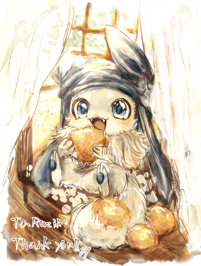 animal_focus artist_name blue_eyes blue_headwear blush border bread commentary_request commission commissioner_name creature curtains day eating english_text fangs food full_body happy hat highres holding holding_food indoors looking_at_viewer neck_fur no_humans open_mouth original pawpads signature sitting skeb_commission sketch smile solo teeth tensaitou_tou thank_you white_border window