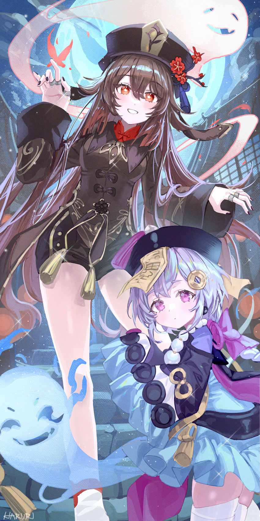 2girls black_headwear black_nails black_shorts blue_dress blush brown_hair brown_jacket closed_mouth clouds commentary_request cropped_jacket dress feet_out_of_frame full_moon genshin_impact ghost hair_between_eyes halloween haruri hat highres hu_tao_(genshin_impact) jacket jewelry long_hair long_sleeves moon multiple_girls nail_polish night night_sky outdoors purple_hair purple_jacket qiqi_(genshin_impact) red_eyes red_shirt ring shirt short_eyebrows short_shorts shorts sky sleeves_past_fingers sleeves_past_wrists smile stairs standing thick_eyebrows thigh-highs very_long_hair violet_eyes white_thighhighs wide_sleeves