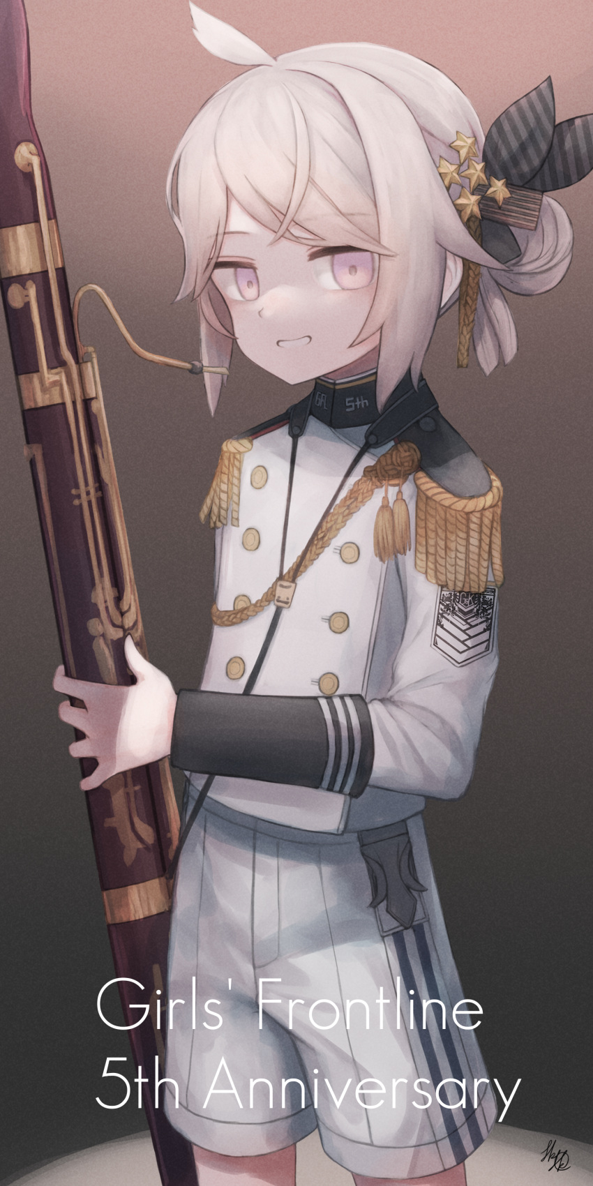 absurdres ahoge bassoon formal girls_frontline hair_bun hair_ornament happy highres holding holding_instrument instrument m200_(girls'_frontline) m200_(solemn_march)_(girls'_frontline) official_alternate_costume origumi sleeve_cuffs smile