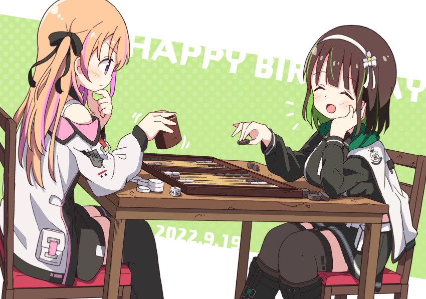 2girls alternate_costume alternate_hairstyle backgammon bare_shoulders black_footwear black_ribbon black_shirt black_skirt black_thighhighs blunt_bangs blush bob_cut boots breasts brown_hair chair closed_eyes closed_mouth commentary_request dated dice flower gochuumon_wa_usagi_desu_ka? green_background green_hair hair_flower hair_ornament hair_ribbon hairband hand_on_own_chin happy_birthday holding hoto_cocoa jacket knee_boots long_hair long_sleeves looking_at_another medium_breasts mohei motion_lines multicolored_hair multiple_girls open_mouth orange_hair pink_hair pleated_skirt polka_dot polka_dot_background ribbon shirt short_hair sidelocks simple_background single_stripe sitting skirt smile streaked_hair table thigh-highs two-tone_background two-tone_hair ujimatsu_chiya violet_eyes white_background white_flower white_hairband white_jacket zettai_ryouiki