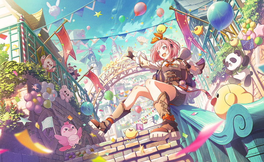 1girl balloon blush castle city cloud confetti day decorations dress flag holding_flag hot_air_balloon official_art ootori_emu open_mouth pink_eyes pink_hair plant plush project_sekai short_hair smile solo stairs stairwell stuffed_animal windmill