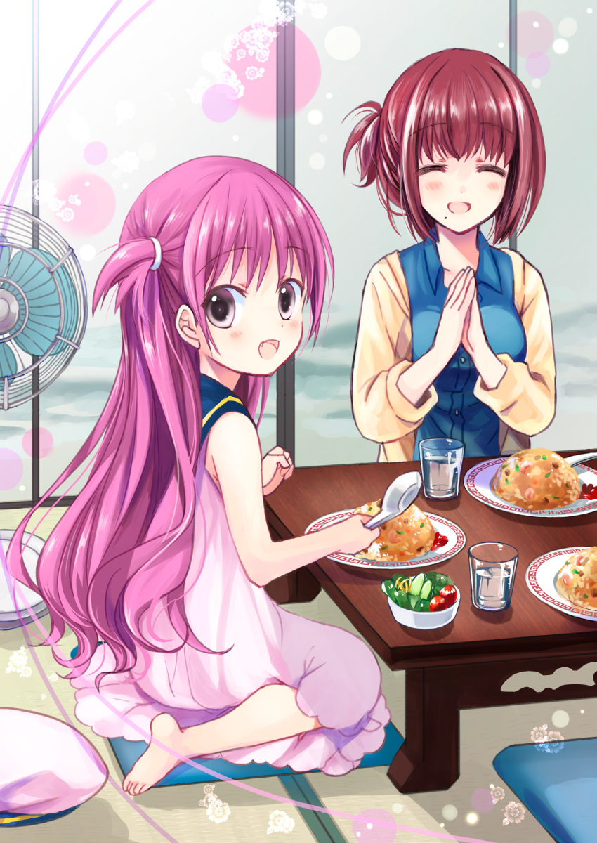 2girls :d ^_^ barefoot blue_sailor_collar blue_shirt blush brown_hair closed_eyes collared_shirt commentary dress electric_fan eyes_visible_through_hair floral_print folded_ponytail food fried_rice from_side full_body grey_eyes hair_between_eyes hands_up highres holding holding_spoon indoors izumi_rei jacket katou_umi long_hair long_sleeves looking_at_viewer medium_hair misaki_kyouko_(summer_pockets) mole mole_under_mouth multiple_girls non-web_source open_clothes open_jacket open_mouth own_hands_clasped own_hands_together plate purple_hair sailor_collar sailor_dress shirt sitting sleeveless sleeveless_dress smile spoon summer_pockets table tatami two_side_up very_long_hair wariza white_dress yellow_jacket