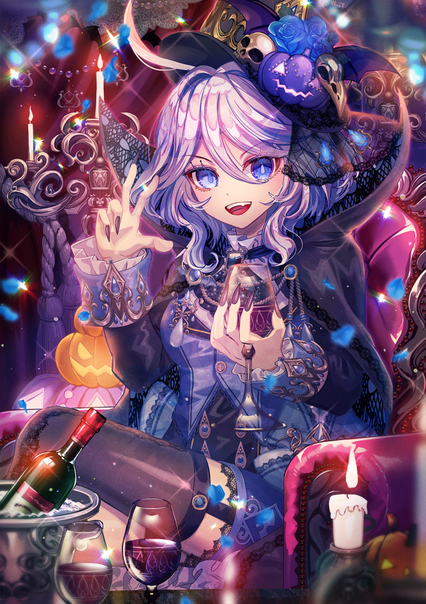 1girl :d alcohol alternate_costume black_cape black_headwear black_jacket black_nails black_thighhighs blue_corset blue_eyes blue_hair blue_shorts bottle brooch candle candlestand cape chair commentary_request corset crossed_legs cup drop-shaped_pupils fangs feet_out_of_frame fingernails furina_(genshin_impact) garter_straps genshin_impact hair_between_eyes halloween halloween_costume hand_up hat_ornament heterochromia highres holding holding_cup jack-o'-lantern jack-o'-lantern_hat_ornament jacket jewelry lace_trim long_sleeves looking_at_viewer medium_hair open_mouth raymond_busujima sharp_fingernails shorts sitting skull_hat_ornament smile solo sparkle thigh-highs vampire wine wine_bottle