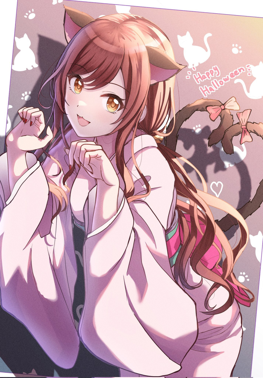 1girl :3 animal_ears blush cat_ears cat_tail citrusmikan extra_ears halloween_costume highres idolmaster idolmaster_shiny_colors japanese_clothes kimono leaning_forward long_hair long_sleeves looking_at_viewer low_twintails multiple_tails nail_polish nekomata obi official_alternate_costume official_alternate_hairstyle open_mouth osaki_amana paw_pose pink_kimono red_nails redhead ribbon sash smile solo swept_bangs tail tail_ornament tail_ribbon twintails two_tails wide_sleeves yellow_eyes