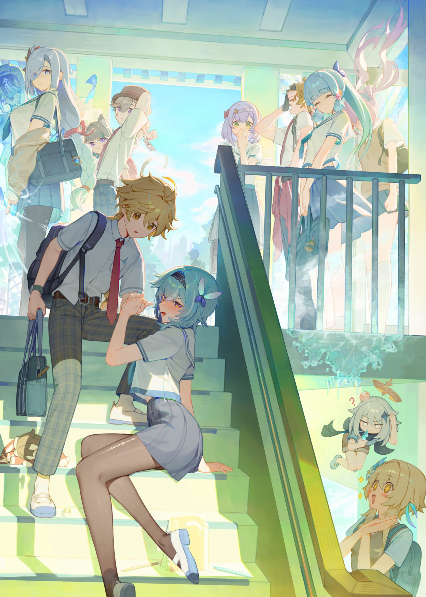 +_+ 3boys 6+girls ? absurdres aether_(genshin_impact) ahoge animal_ears bag baron_bunny_(genshin_impact) black_hairband black_pantyhose blonde_hair blue_bow blue_eyes blue_hair blush bow brown_pants brown_sweater_vest butterfly_hair_ornament card cat_ears commentary_request contemporary eula_(genshin_impact) facepalm facial_mark feather_hair_ornament feathers floating genshin_impact green_eyes grey_hair hair_bow hair_ornament hairband halo hand_to_own_mouth highres holding holding_bag holding_card indoors kamisato_ayaka keqing_(genshin_impact) light_blue_hair looking_at_another lumine_(genshin_impact) lynette_(genshin_impact) lyney_(genshin_impact) mechanical_halo medium_hair mincho multiple_boys multiple_girls necktie noelle_(genshin_impact) paimon_(genshin_impact) pants pantyhose plaid plaid_pants ponytail red_necktie school_bag school_uniform scratching_head shenhe_(genshin_impact) shirt shoes short_hair short_hair_with_long_locks short_sleeves siblings sitting sitting_on_stairs sparkle stairs star_(symbol) star_facial_mark sweater_vest teardrop_facial_mark thoma_(genshin_impact) torn_clothes torn_pantyhose tsundere twins uwabaki violet_eyes white_shirt yellow_eyes