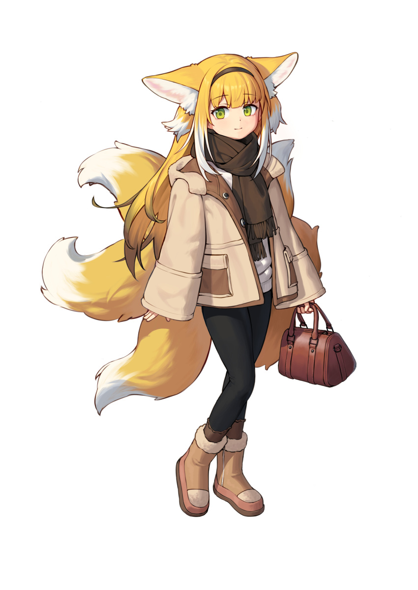 1girl absurdres alternate_costume animal_ear_fluff animal_ears arknights bag black_pantyhose blush boots brown_bag brown_footwear brown_hairband brown_jacket brown_scarf cat-quest-sun chinese_commentary closed_mouth colored_tips commentary_request fox_ears fox_girl fox_tail full_body fur-trimmed_boots fur_trim hairband highres holding holding_bag jacket kitsune kyuubi long_hair long_sleeves looking_at_viewer multicolored_hair multiple_tails pantyhose scarf simple_background sleeves_past_wrists smile solo standing suzuran_(arknights) tachi-e tail two-tone_hair white_background white_hair wide_sleeves