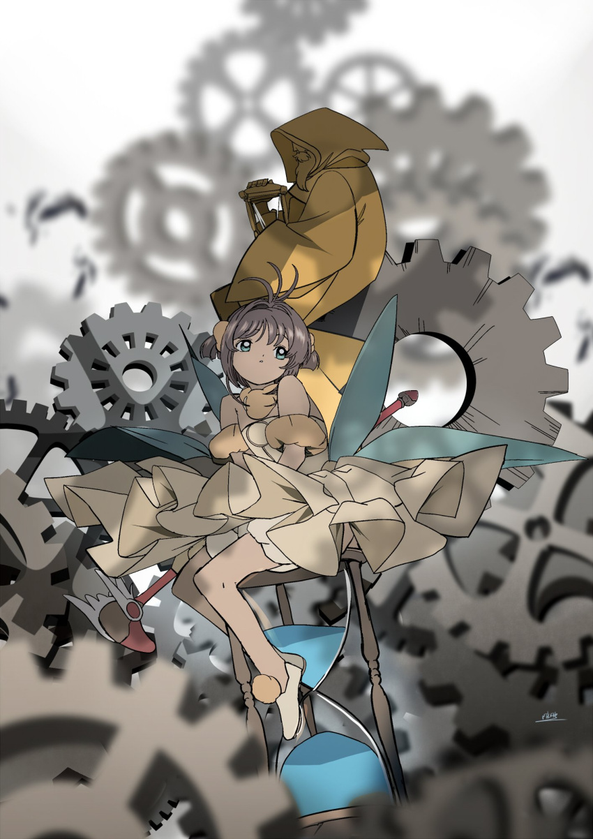 1boy 1girl antenna_hair bare_shoulders beard blue_eyes blunt_ends brown_hair cardcaptor_sakura commentary detached_sleeves dress edoya_inuhachi eyelashes facial_hair fairy_wings frilled_dress frills full_body gears highres holding holding_hourglass holding_staff hood hood_up hooded_robe hourglass kinomoto_sakura magical_girl old old_man oversized_object parted_lips pom_pom_(clothes) puffy_short_sleeves puffy_sleeves robe scarf shoes short_dress short_hair short_sleeves signature sitting sleeveless sleeveless_dress staff time_(clow_card) two_side_up white_background wings yellow_dress yellow_footwear yellow_robe yellow_scarf yellow_sleeves