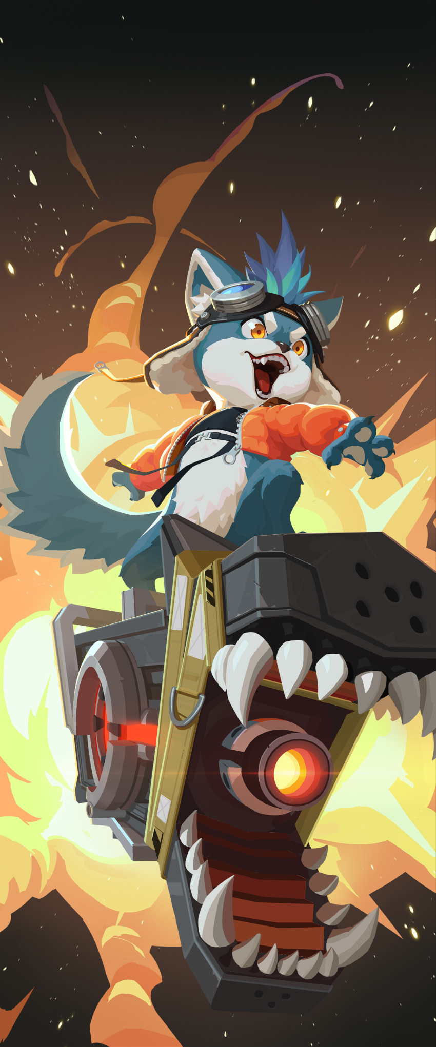 &gt;:) 1boy absurdres animal_hands artist_request black_background blue_fur brewster_(garmr)_(dislyte) dislyte explosion fangs furry furry_male goggles goggles_on_head highres jacket looking_at_another non-web_source official_art riding tail trapper_hat v-shaped_eyebrows weapon wolf_boy wolf_tail yellow_jacket