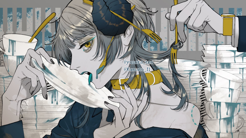 1girl bite_mark black_horns black_shirt choker cup dishes eyeshadow fork grey_hair highres horns kamato_il licking licking_plate looking_at_viewer makeup open_mouth original plate portrait profile shadow shirt spoon spot_color watch watch x_x yellow_eyes