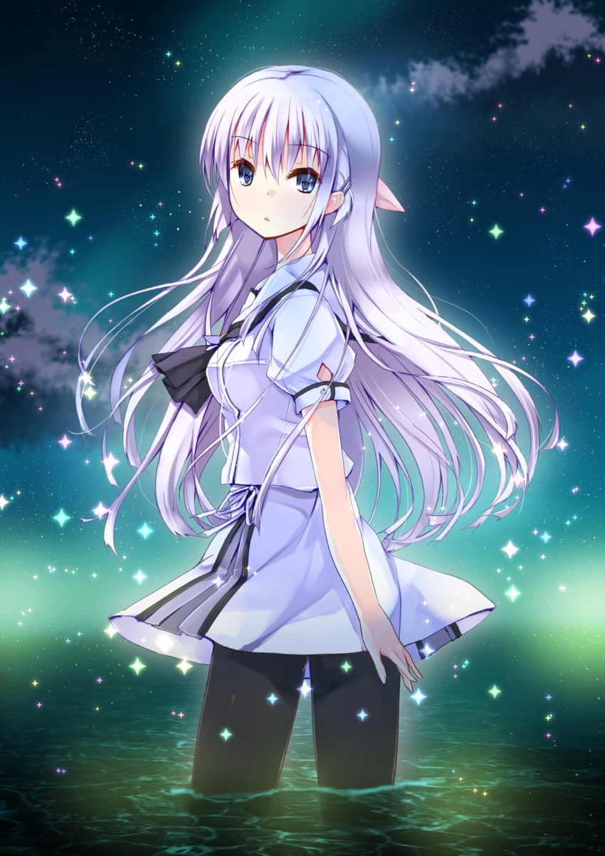 1girl arm_at_side ascot black_ascot black_pantyhose blue_eyes blunt_ends breasts clouds commentary cowboy_shot floating_hair from_side hair_between_eyes hair_ribbon highres long_hair looking_at_viewer looking_to_the_side medium_breasts miniskirt naruse_shiroha night night_sky non-web_source outdoors pantyhose parted_lips pink_ribbon pleated_skirt puffy_short_sleeves puffy_sleeves refeia ribbon school_uniform shirt short_sleeves skirt sky solo sparkle star_(sky) starry_sky summer_pockets very_long_hair wading water white_hair white_shirt white_skirt