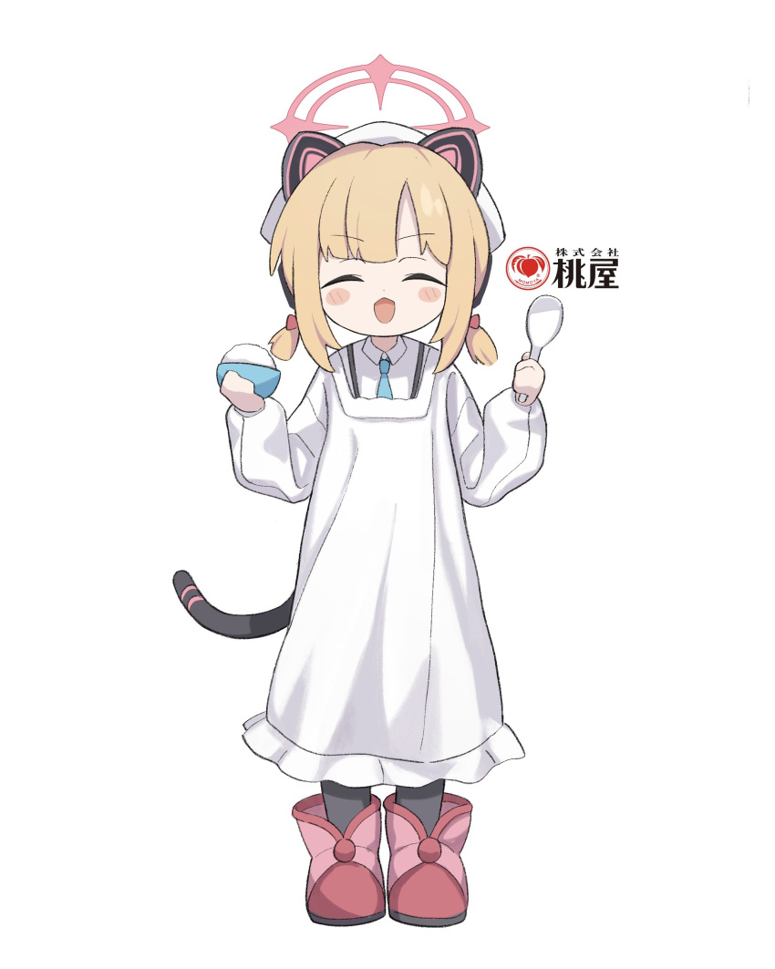 1girl absurdres animal_ear_headphones animal_ears apron atat250 black_thighhighs blonde_hair blue_archive blue_necktie blush_stickers boots bowl closed_eyes collared_shirt fake_animal_ears full_body halo head_scarf headphones highres holding holding_bowl kappougi long_sleeves momoi_(blue_archive) necktie open_mouth pink_footwear pink_halo rice rice_bowl shirt short_hair simple_background smile solo thigh-highs white_background white_headwear white_shirt