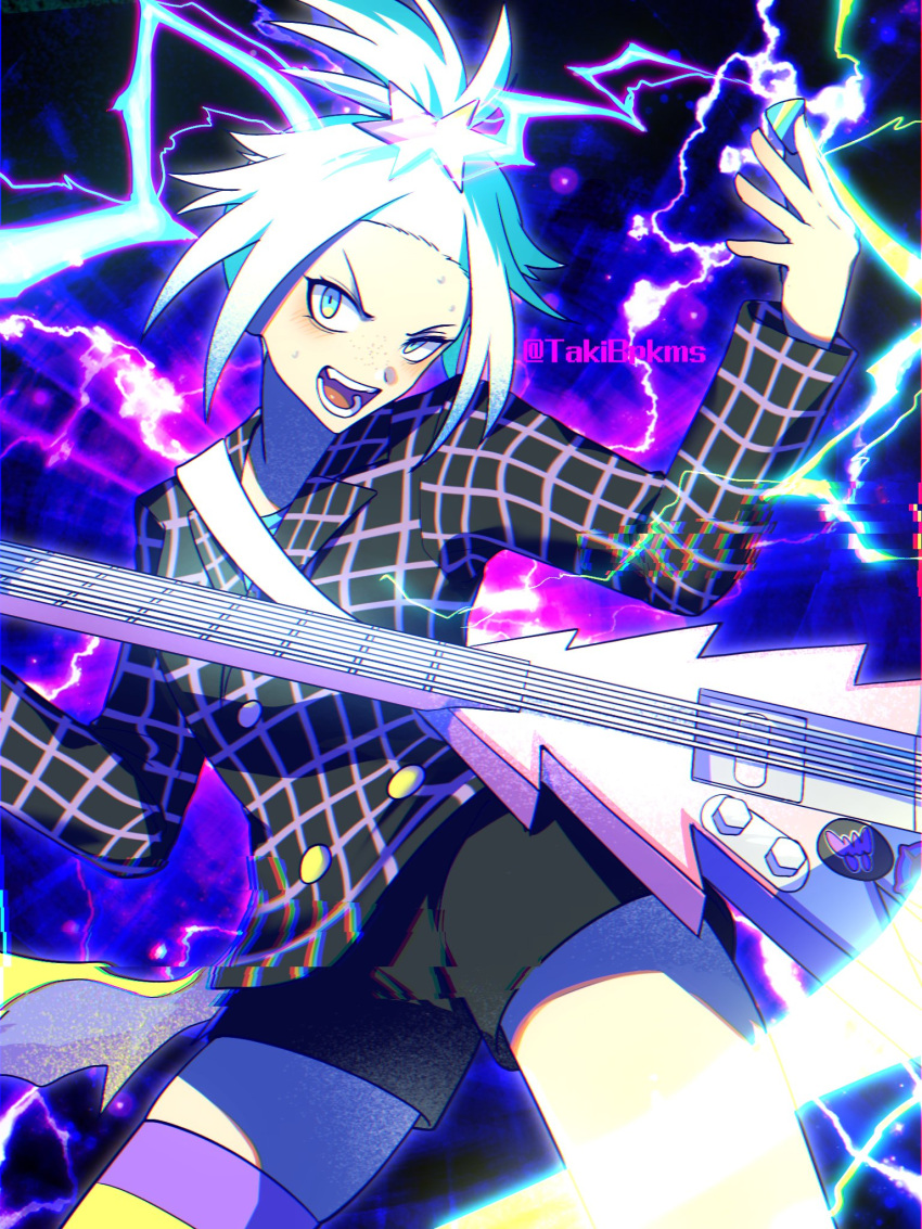 1girl aqua_eyes bass_guitar black_shorts collared_shirt commentary_request electricity eyelashes highres holding holding_plectrum instrument official_alternate_costume open_mouth plectrum pokemon pokemon_(game) pokemon_masters_ex roxie_(pokemon) roxie_(sygna_suit)_(pokemon) shirt short_hair shorts single_thighhigh solo sweat takibpkms teeth thigh-highs tongue topknot white_hair