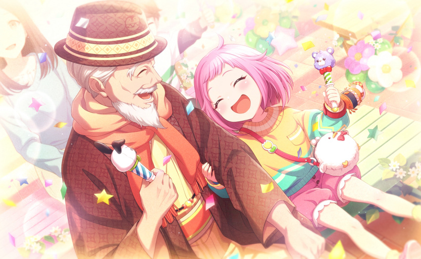 1boy 2boys bench blush closed_eyes confetti dress flower grandfather_and_granddaughter happy holding official_art ootori_emu pink_hair project_sekai short_hair smile younger
