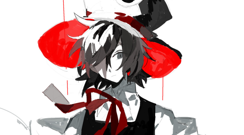 1other androgynous bare_shoulders black_coat black_headwear bow bowtie chinese_commentary closed_mouth coat collared_shirt commentary_request detached_sleeves enraku_tsubakura eye_of_senri eye_on_hat frown grey_eyes hair_over_one_eye hat highres len'en looking_at_viewer other_focus red_bow red_bowtie red_headwear shirt sleeveless sleeveless_coat sleeveless_shirt solo tiankong_yiji top_hat two-sided_fabric two-sided_headwear upper_body white_background white_shirt white_sleeves wide_sleeves