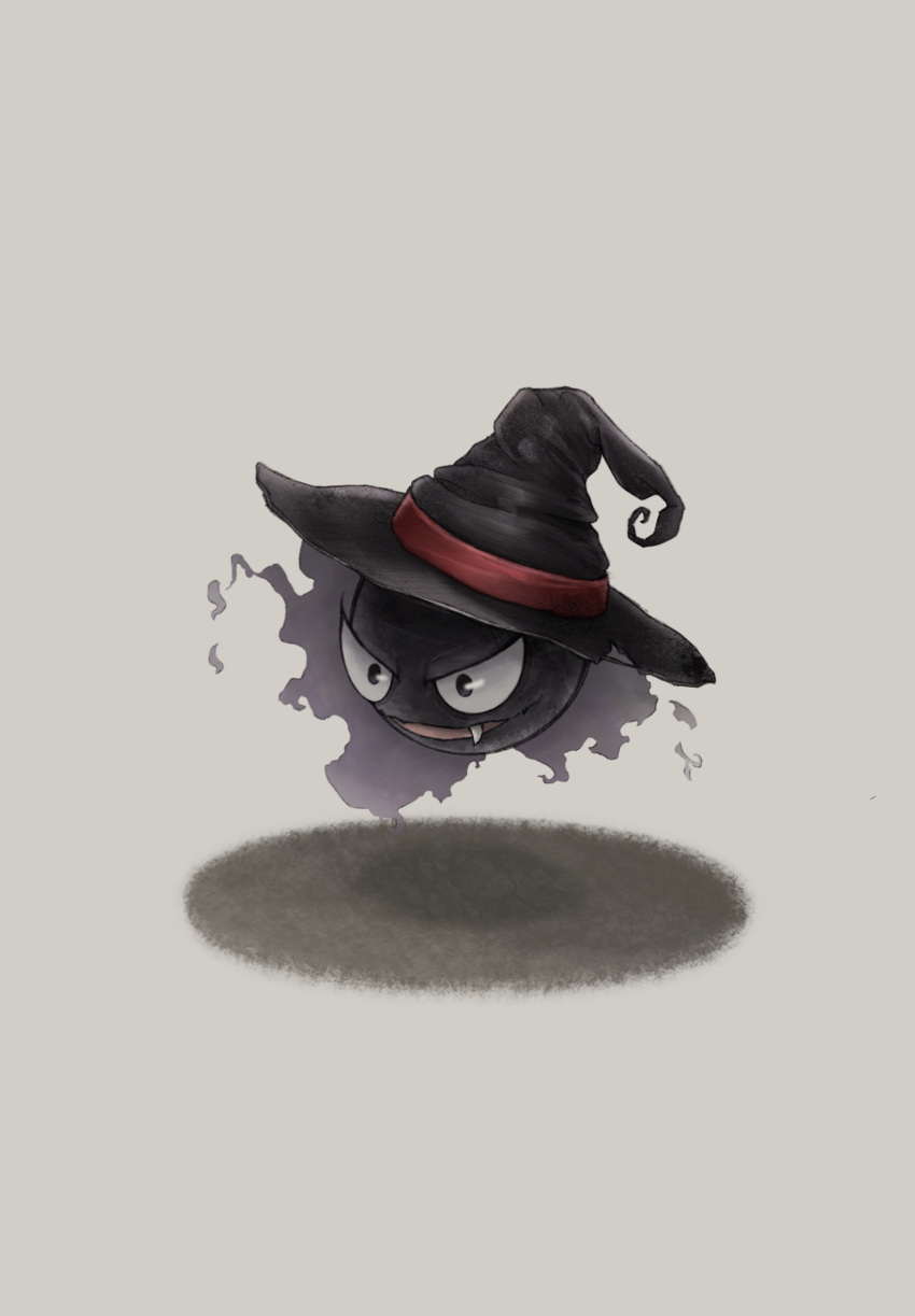 :d black_eyes black_headwear clothed_pokemon commentary_request dl_90_p fang fang_out gastly grey_background hat hat_ribbon highres looking_down no_humans open_mouth pokemon pokemon_(creature) red_ribbon ribbon smile solo witch_hat